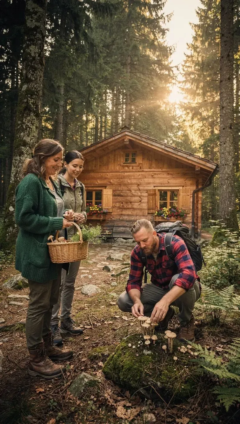 Rustikale Waldhütte inmitten grüner Bäume, die als Ausgangspunkt für nachhaltige Naturerlebnisse und Offline-Buchungen bei deutschen Waldretreats dient.